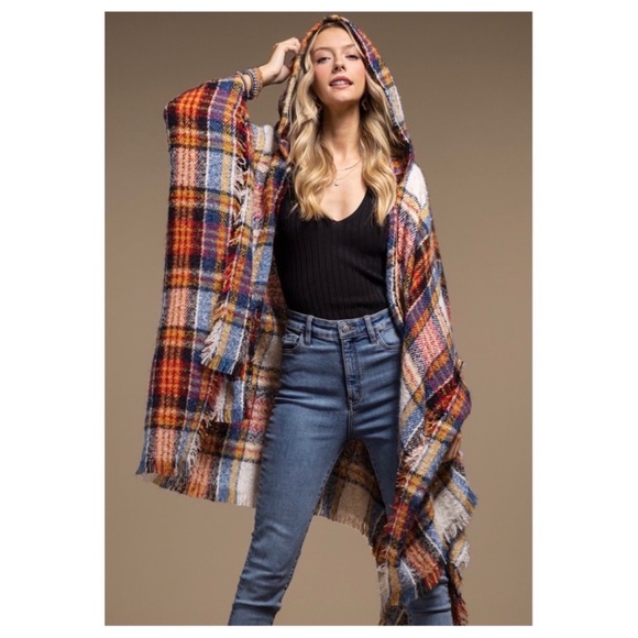 🍁LAST1️⃣🍁New Ruggine Plaid Print Hooded Ruana Poncho - Picture 3 of 5